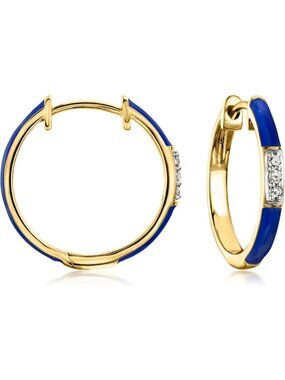 Navy Blue Enamel & Diamond Hoop Earrings in 18kt Gold Over Sterling Silver